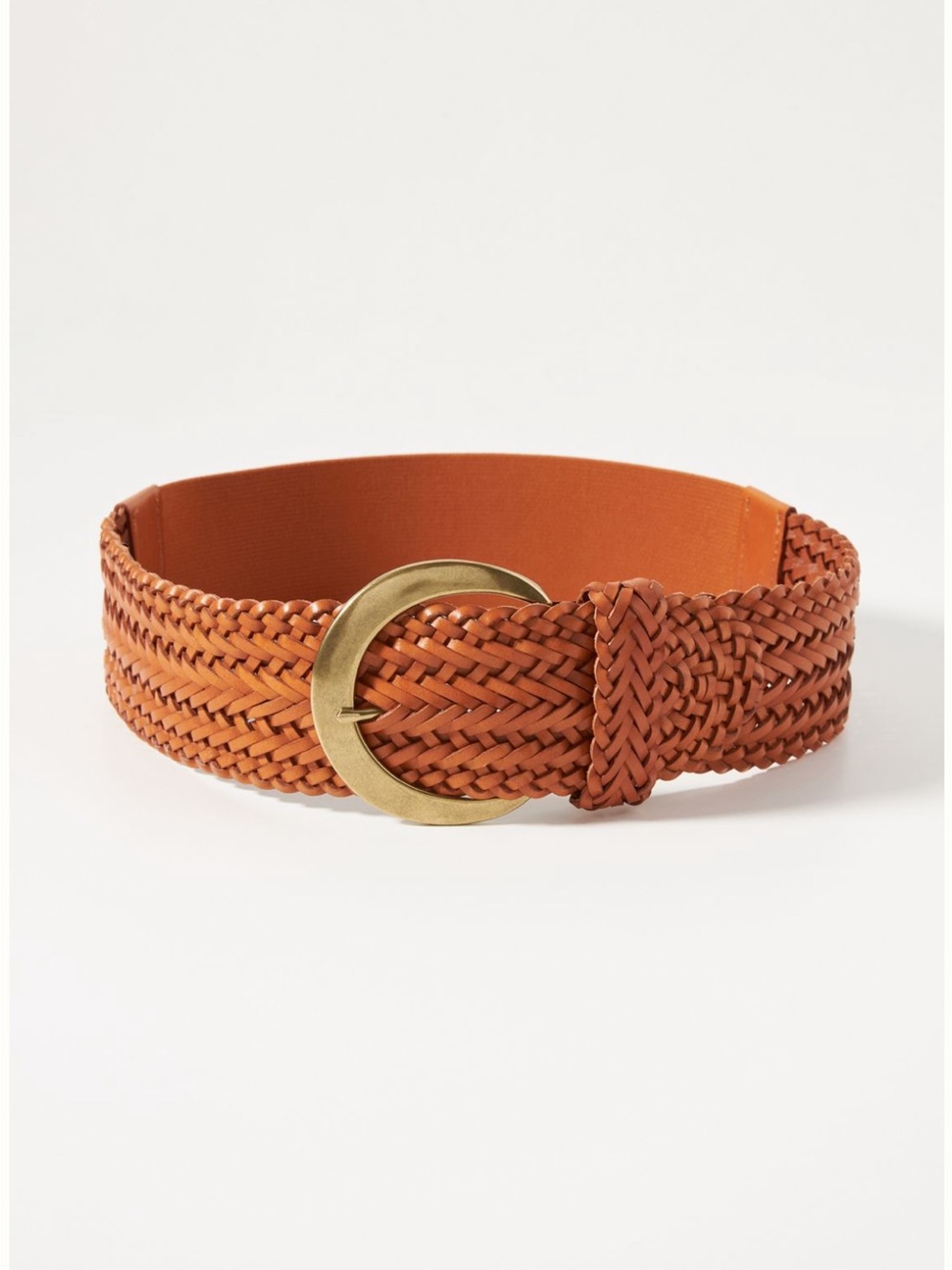 Anthropologie Cognac Braided Leather Elastic Belt XS/S Gold Ring Buckle